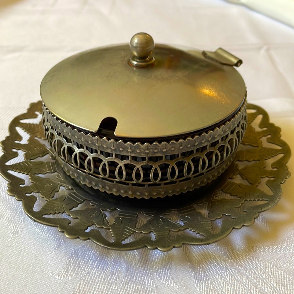 VTG Jam Serving Dish Silver color pierced metal & purple glass insert covered